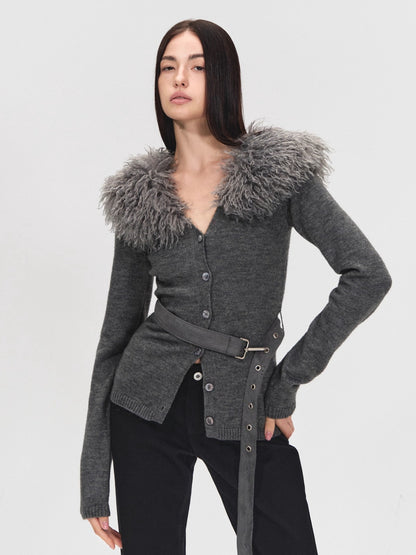 Detachable Fur Collar Suede Belted Cardigan