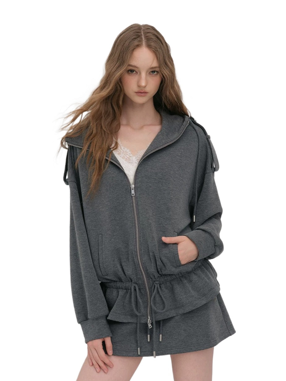 Gray Drawstring Hoodie &amp; Skirt Set