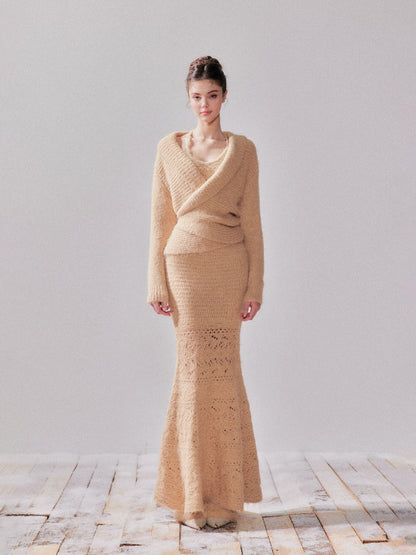 Fishtail Pencil Dress &amp; Hollow Knit Cardigan  Set