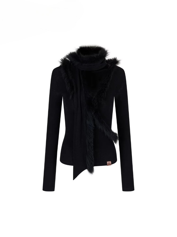 Patchwork Fox Fur Knit Top &amp; Fur Scarf Set