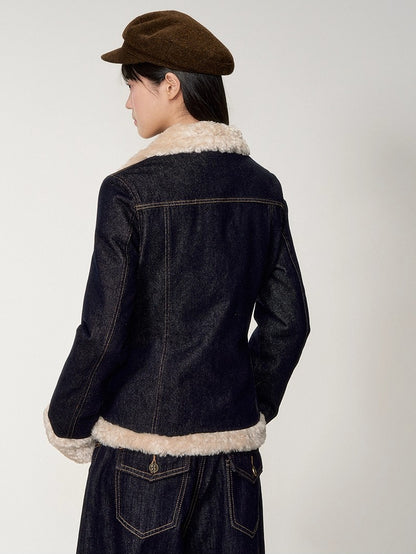 Denim Panel Fur-Trim Down Jacket