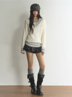 Preppy Contrast V-Neck Cable-Knit Sweater