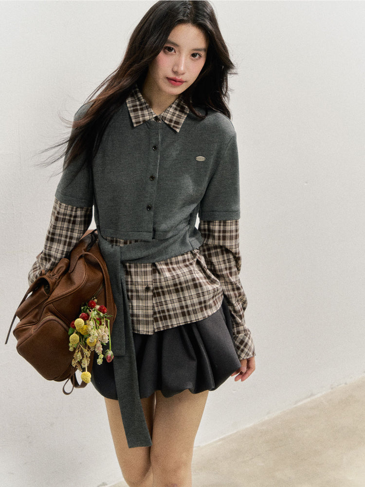 College Plaid Fake Two-piece Shirt