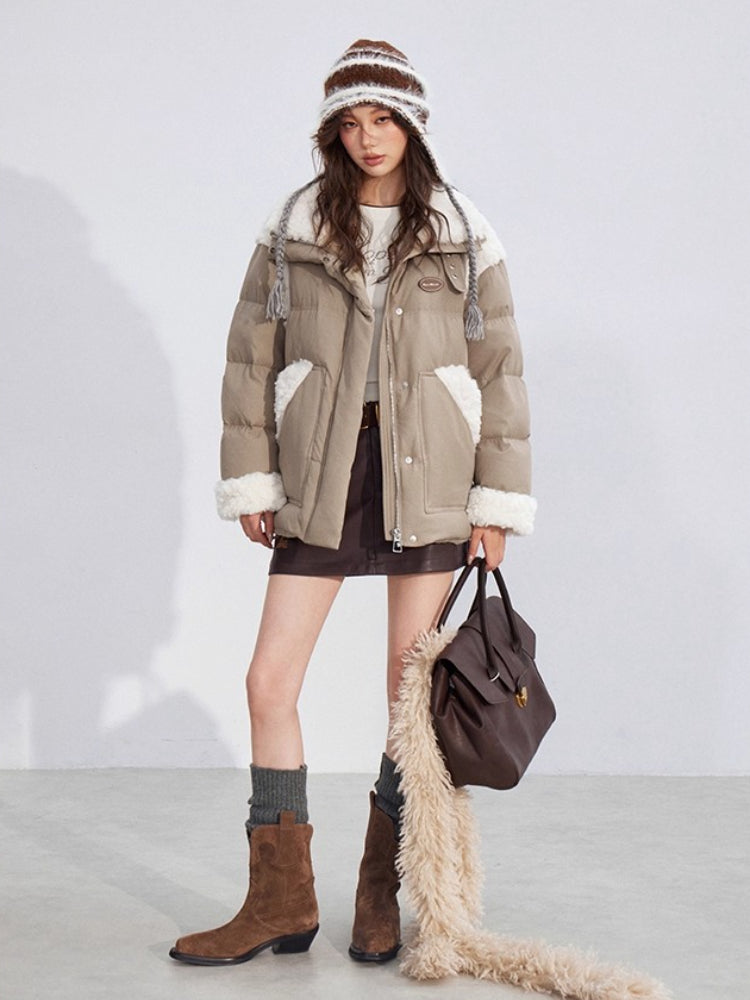 Shearling Patchwork White Down Puffer Jacket