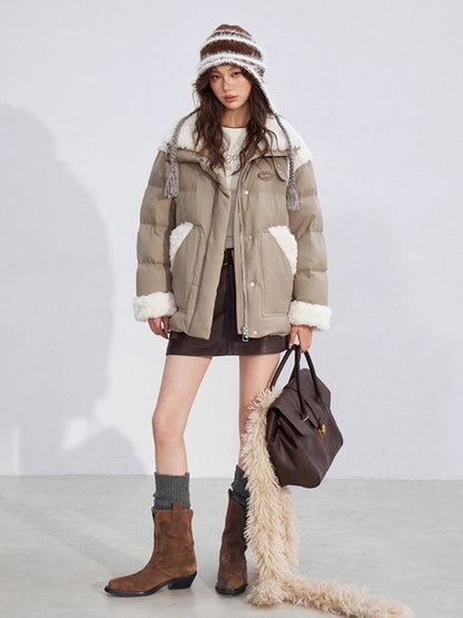 Shearling Patchwork White Down Puffer Jacket