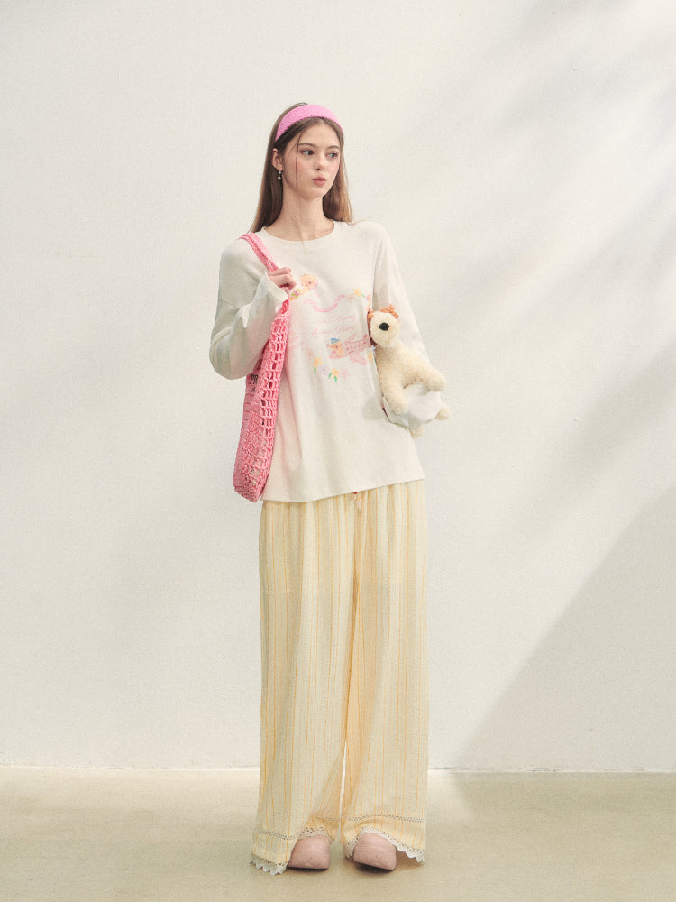 Crew Neck Dog Print Long-Sleeve Tee