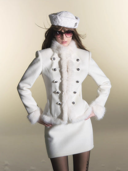 Faux Fur Double-Breasted Waist-Coated Jacket &amp; Skirt Set