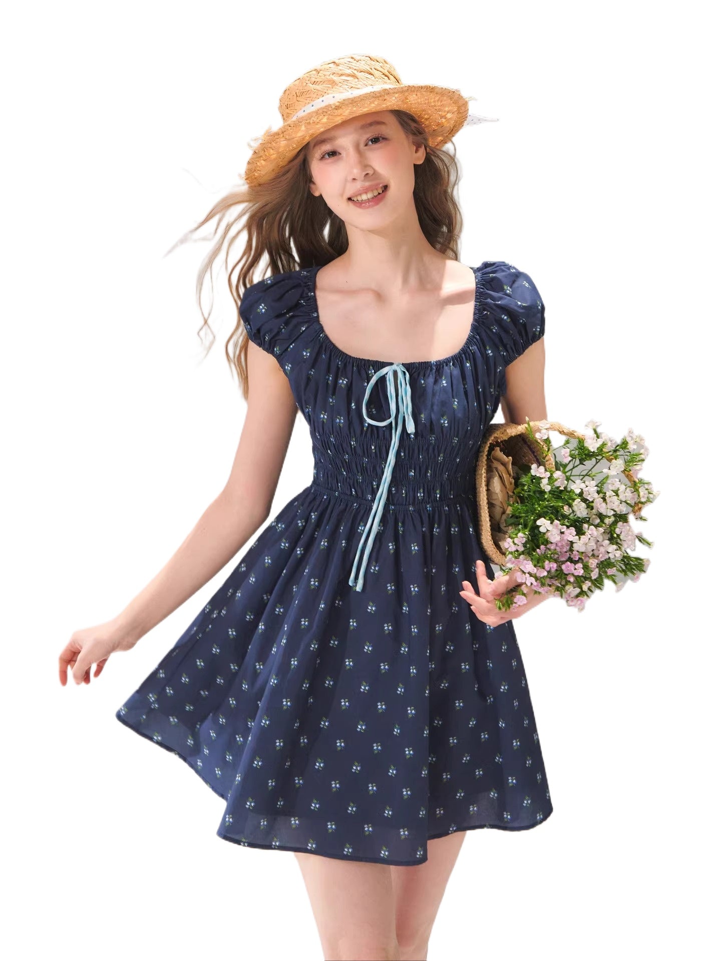 French Floral Tie Waist Dress