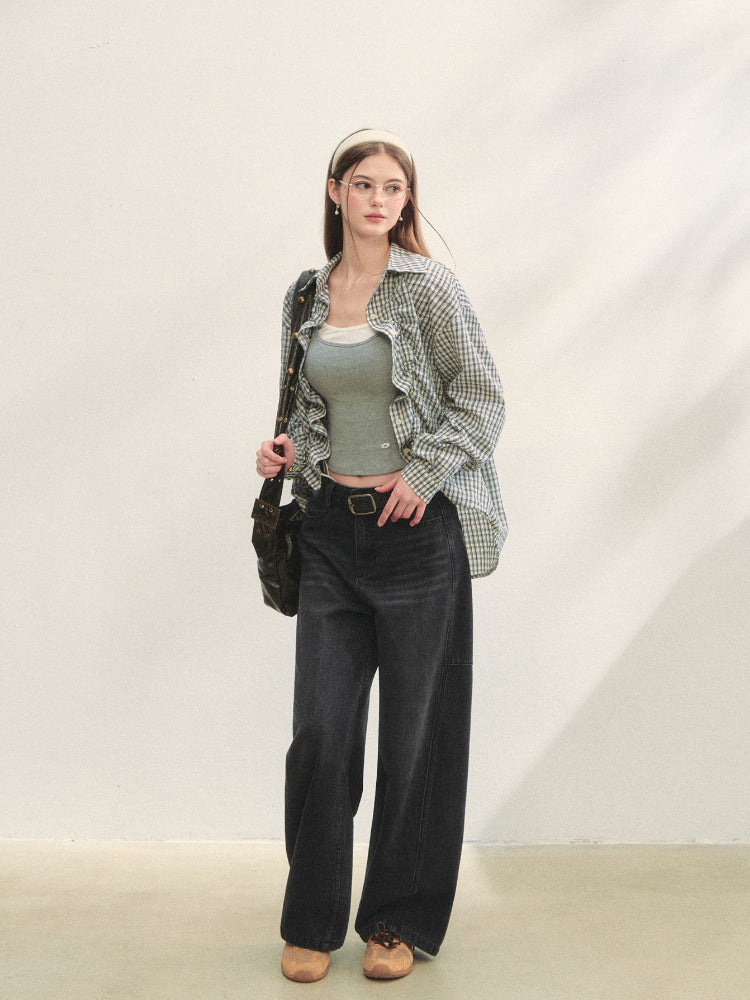 Checkered Contrast Hem Drawstring Pleated Shirt