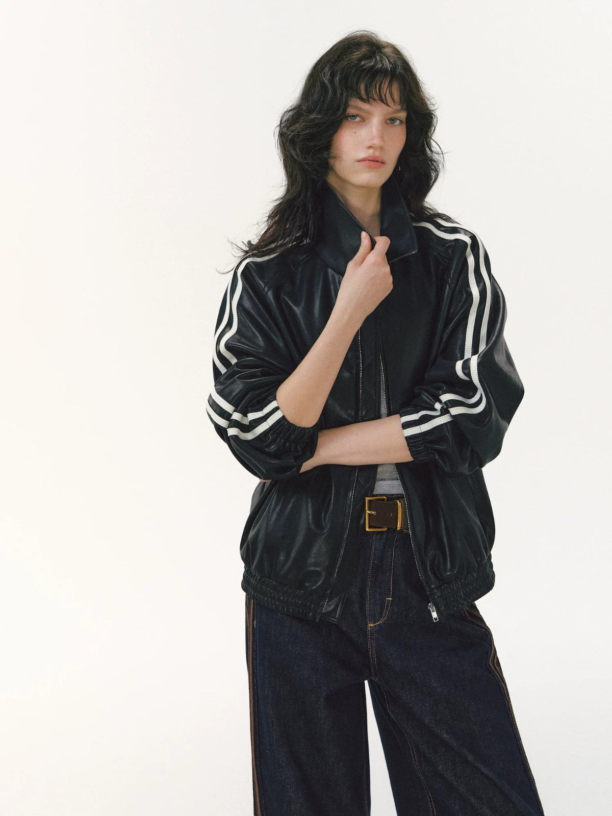 Ribbon Lapel PU Leather Jacket