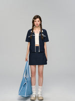 Color Blocking Lace Trimmed Short-Sleeve Outerwear & Skirt Set