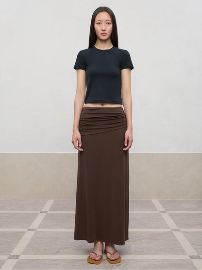 Lyocell Pleated Mid-Low Waist Midi Skirt