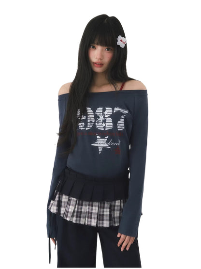 Vintage Number Printed Off-Shoulder Tee