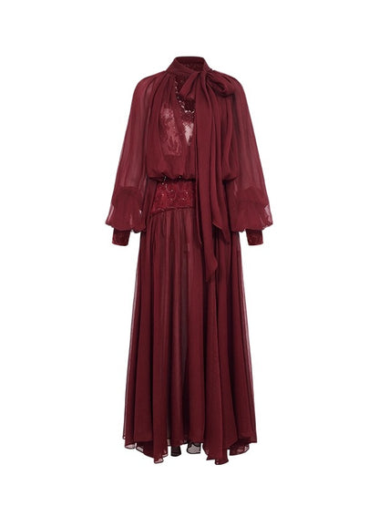 Milena Chiffon Lace Lantern Sleeve V-neck Dress