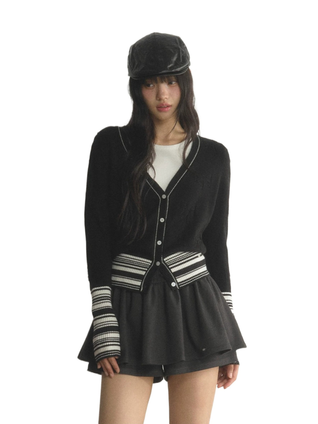 Contrast Striped V-Neck Knit Cardigan
