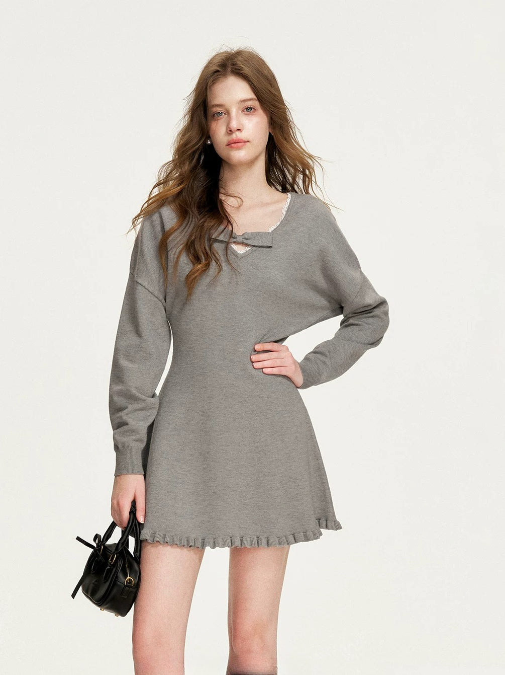 Gray Bowknot Knit Mini Dress