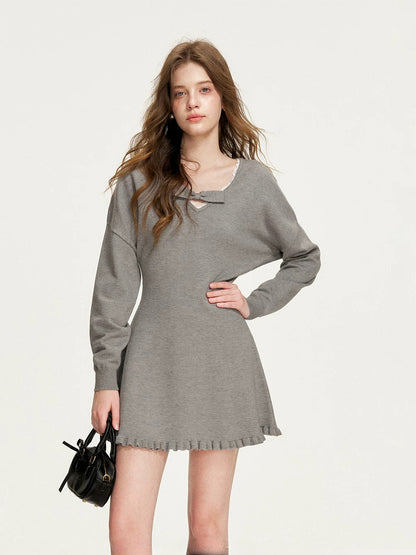 Gray Bowknot Knit Mini Dress