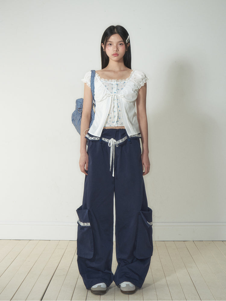 Fake Two-Piece Floral Lace Shirt Top