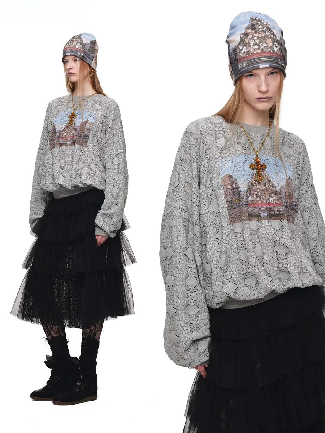 Cat Print Lace Balloon Sweatshirt