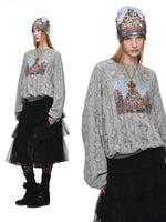 Cat Print Lace Balloon Sweatshirt