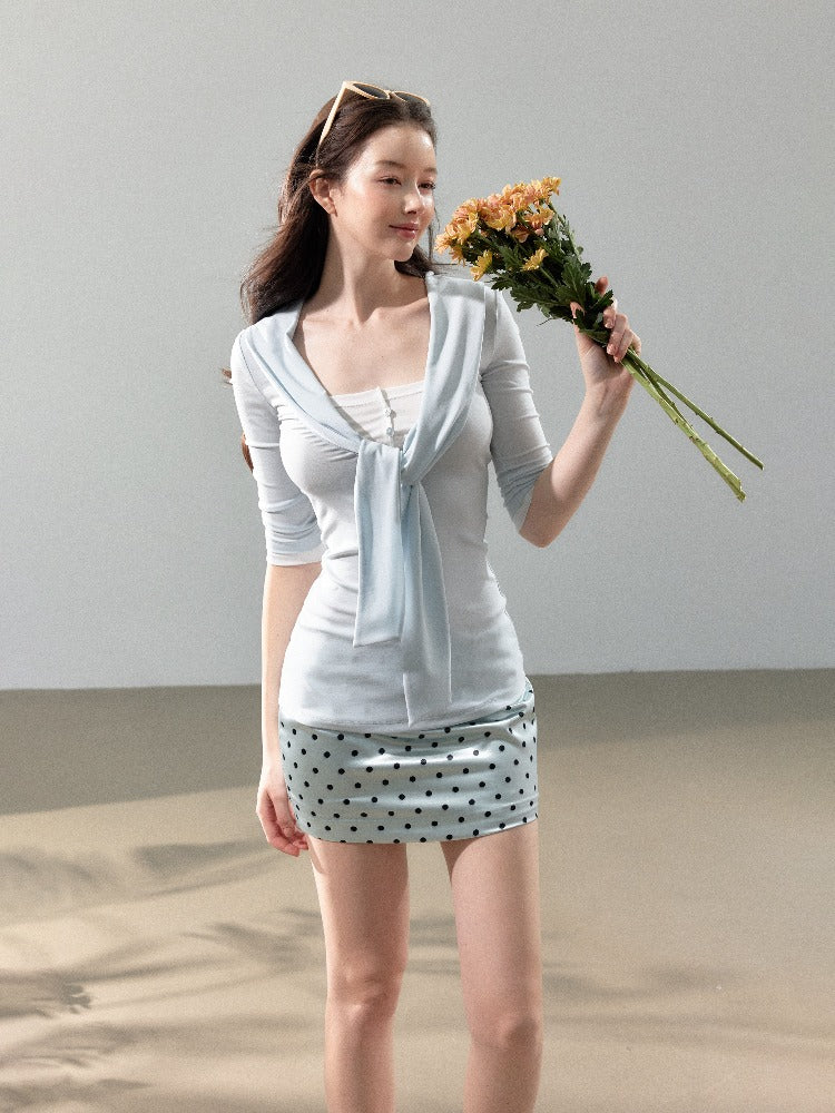 Knit Blouse &amp; Polka Dot Satin Skirt Set