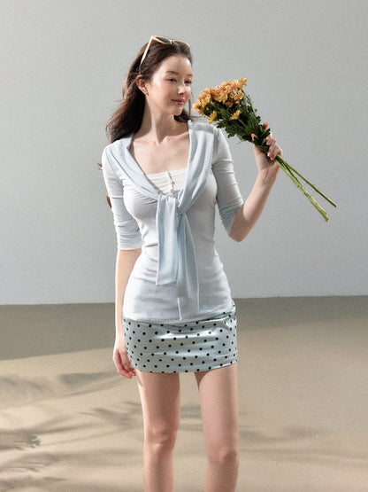 Knit Blouse &amp; Polka Dot Satin Skirt Set