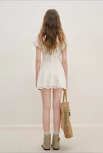 Apricot Floral Embroidered Puff Sleeve Dress