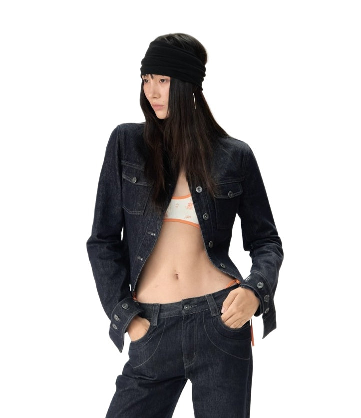 Original Denim Short Stand Collar Cinched Jacket Set