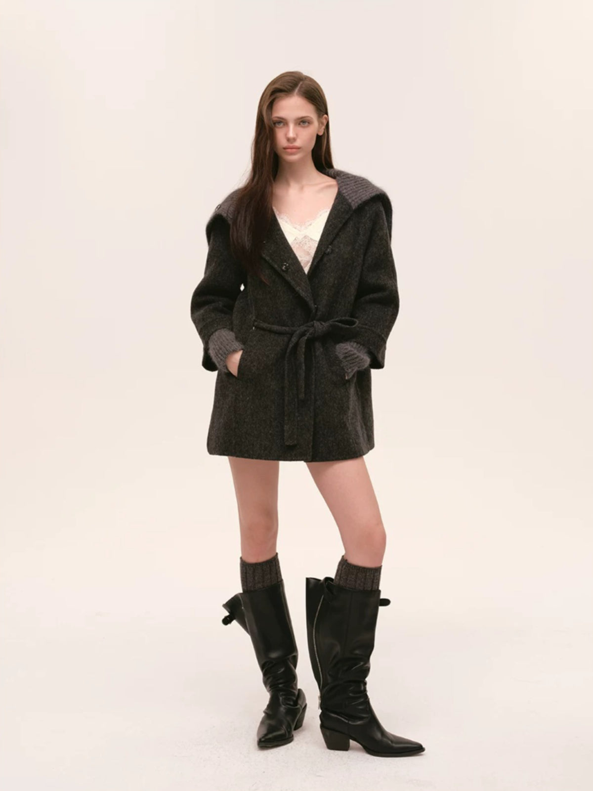 Asymmetric Collar Belted Wool Coat