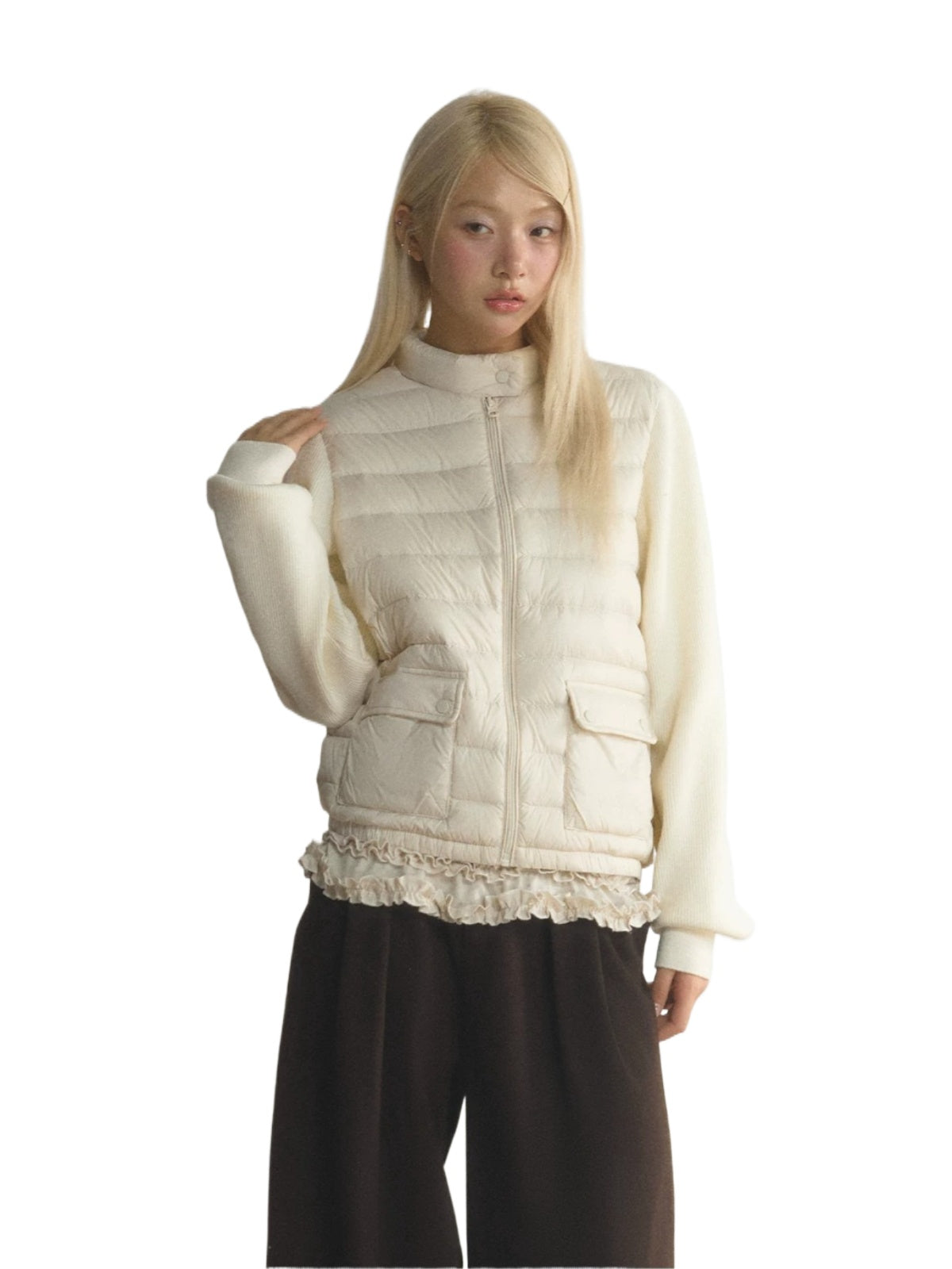 Stand Collar Knit Sleeve Down Jacket