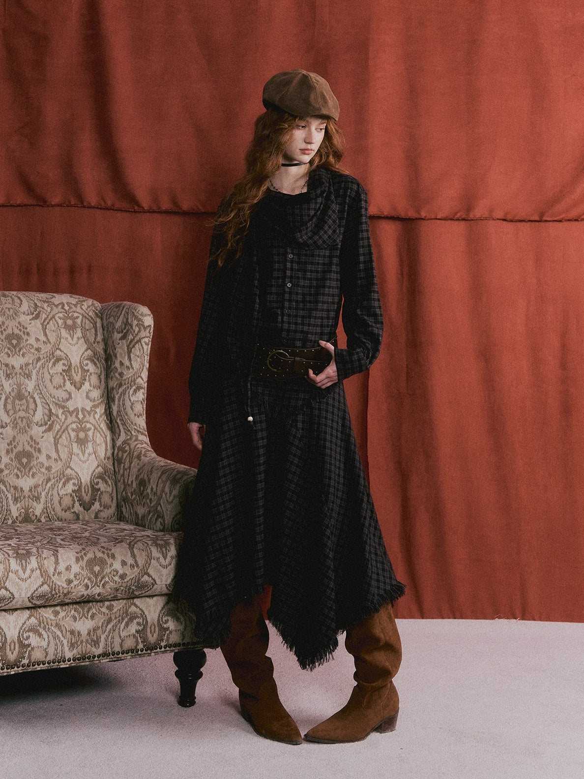 Vintage Plaid Beaded Tie-Scarf Shirt