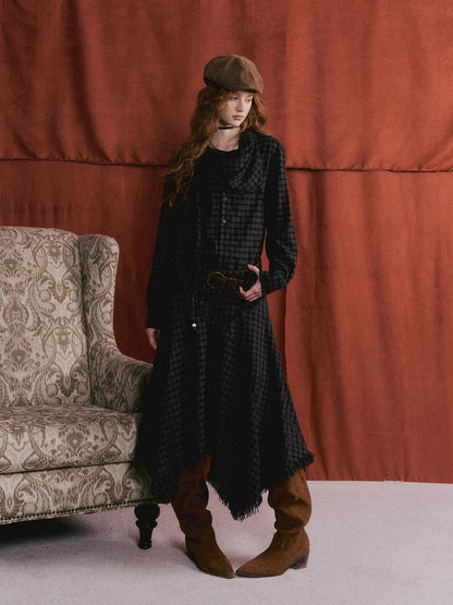 Vintage Plaid Beaded Tie-Scarf Shirt