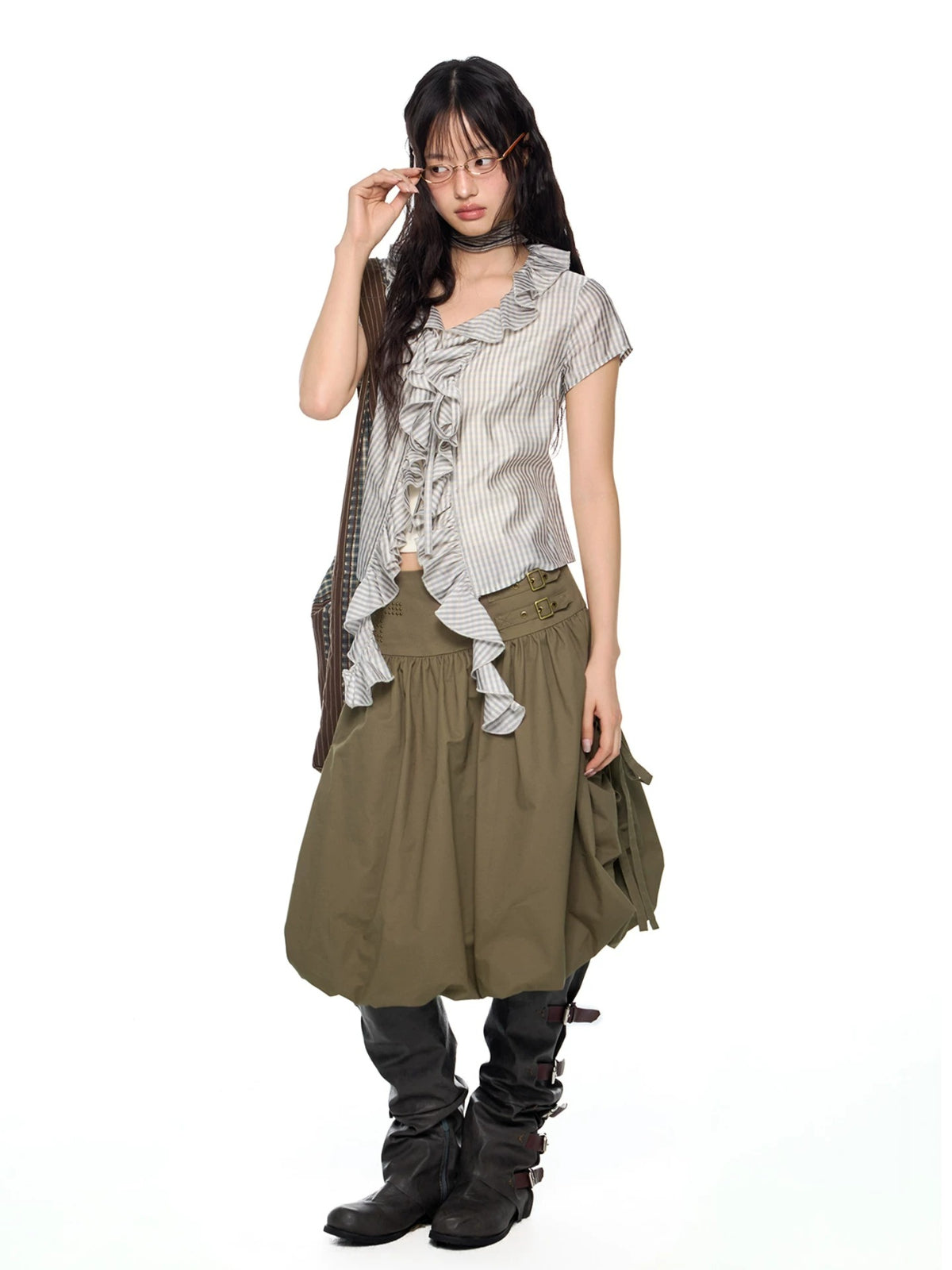 Plaid Ruffle V-Neck Shirt