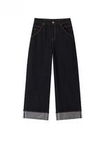 Rhinestone Cuffed Wide-Leg Denim Jeans