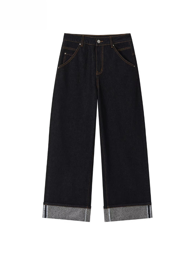 Rhinestone Cuffed Wide-Leg Denim Jeans