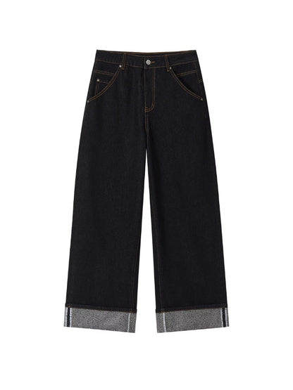 Rhinestone Cuffed Wide-Leg Denim Jeans