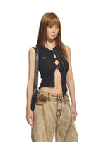 Black Off-set Round Neck Crochet Lace Cardigan