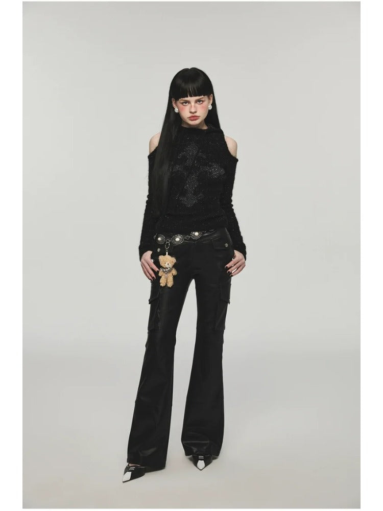Mohair Off-Shoulder Knit Hoodie