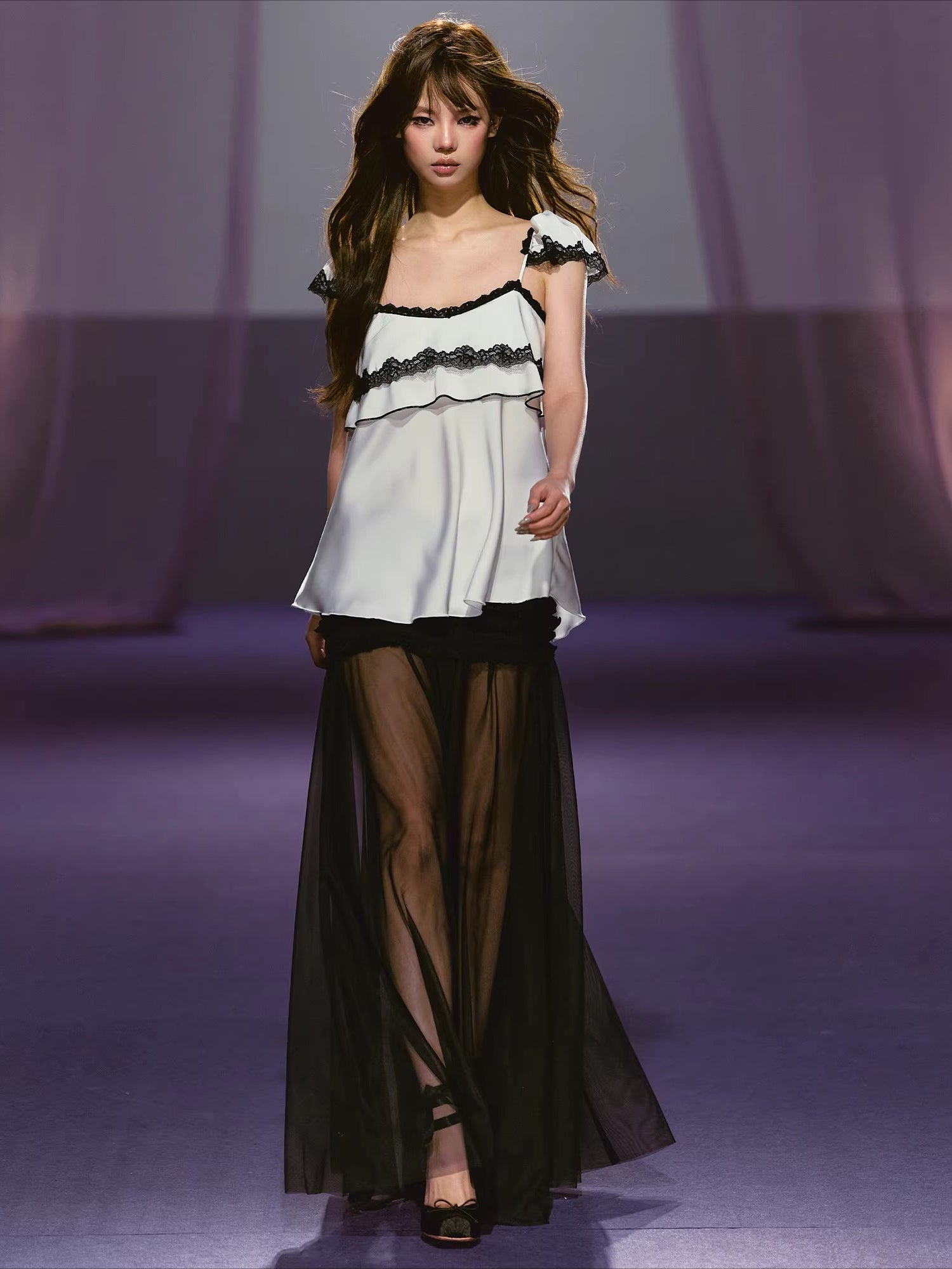 Pleated Mesh Maxi Skirt