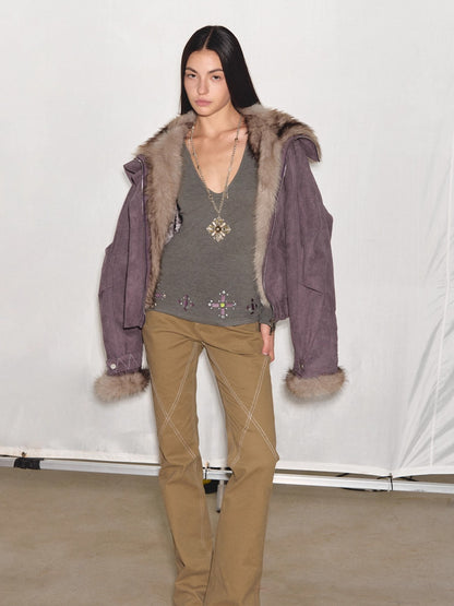 Faux-Suede Fur-Collar Quilted Parka