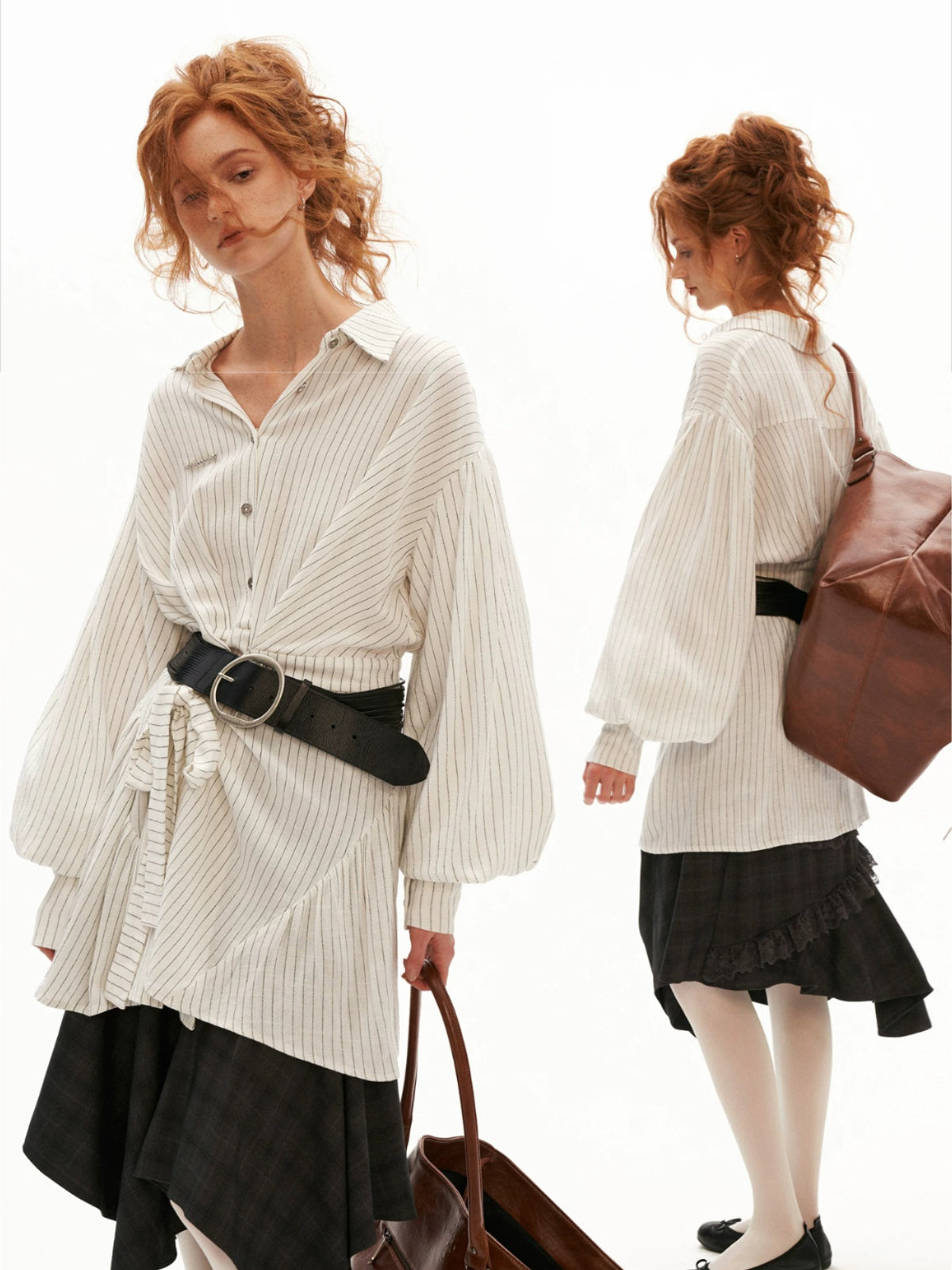 Striped Linen Tie Waist Long Shirt