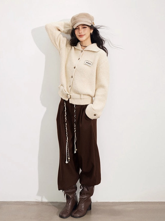 Black &amp; Brown Belted Wool Wide-Leg Pants