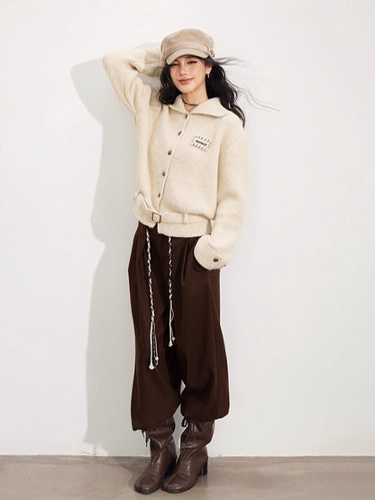 Black &amp; Brown Belted Wool Wide-Leg Pants