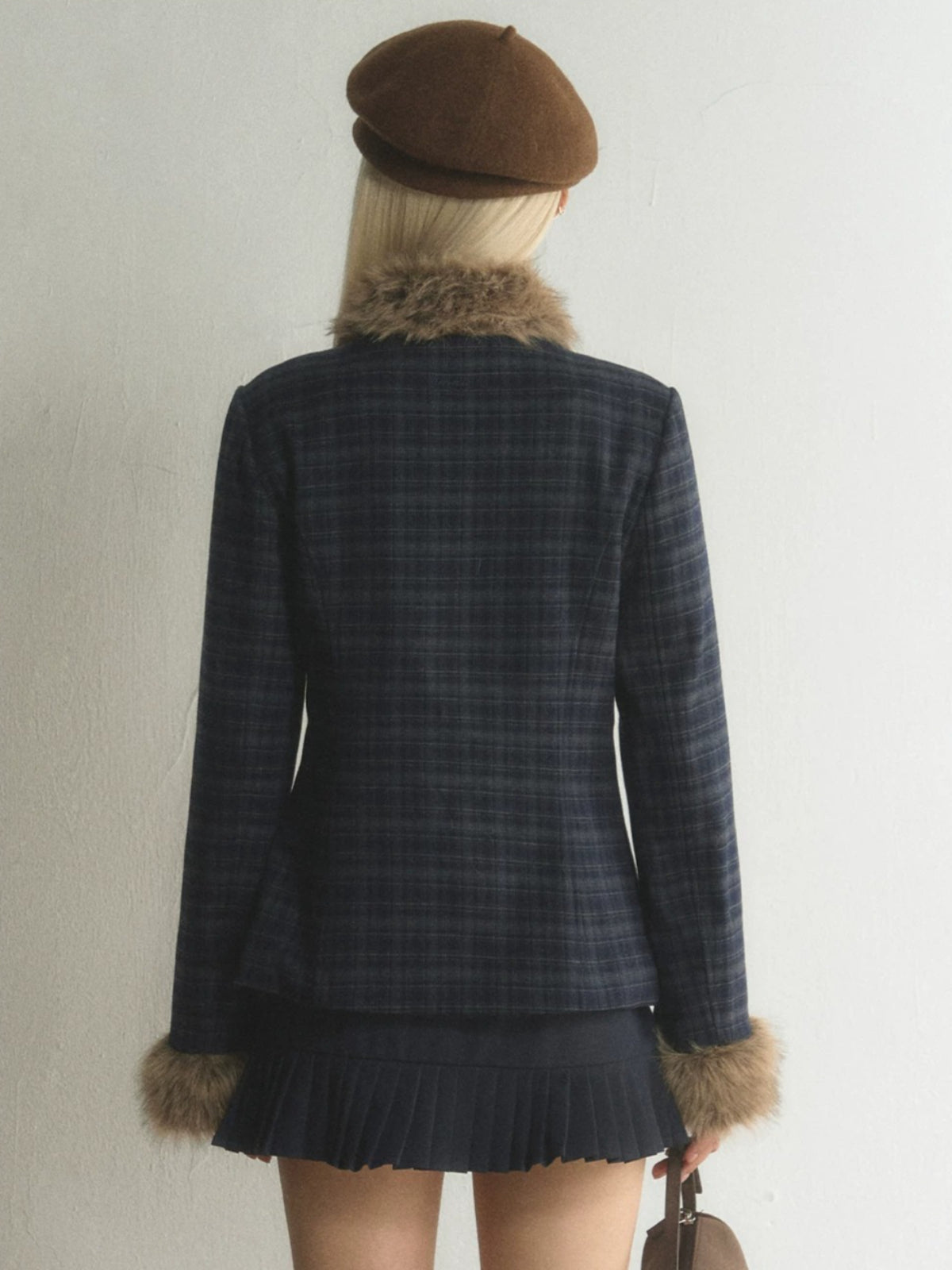 Plaid Fur-Trimmed Double-Breasted Jacket