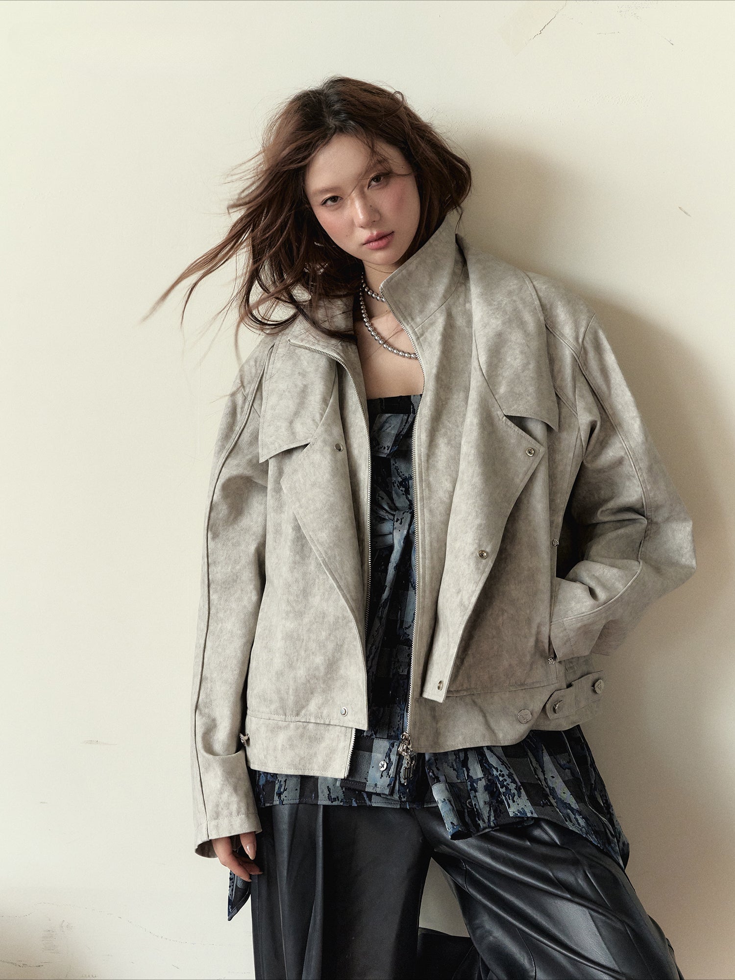 Khaki &amp; Gray Studded Loose-fitting Jacket