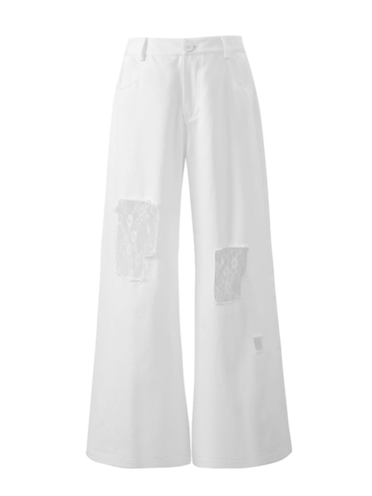 White Lace Splicing Denim Wide-Leg Pants