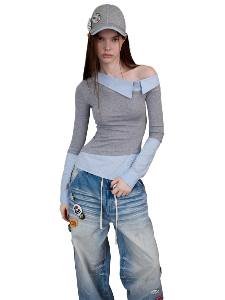 Asymmetric Collar Fake Two-Piece Fitted Blouse