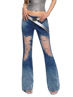 Blue Mesh Patchwork Low-Rise Flared Pants