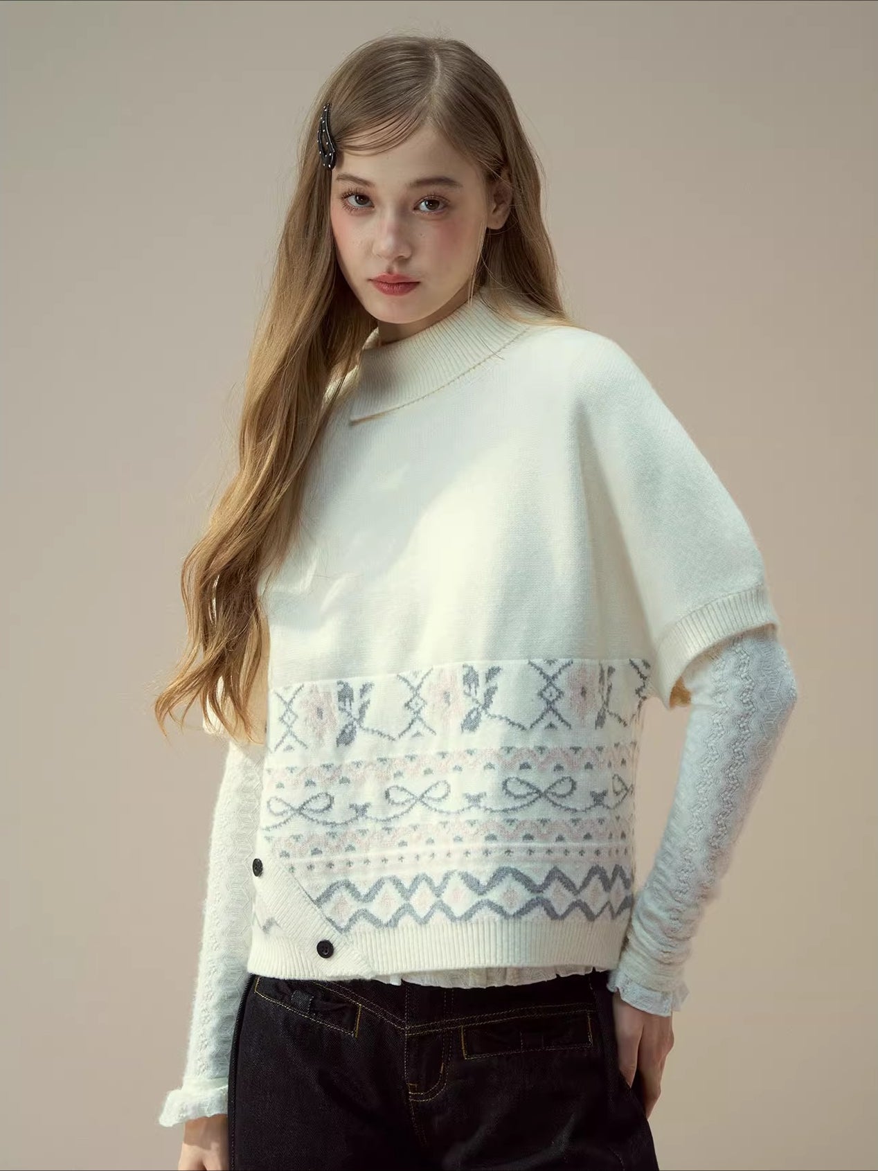 Beige &amp; Gray Fair-Isle Cape Sweater