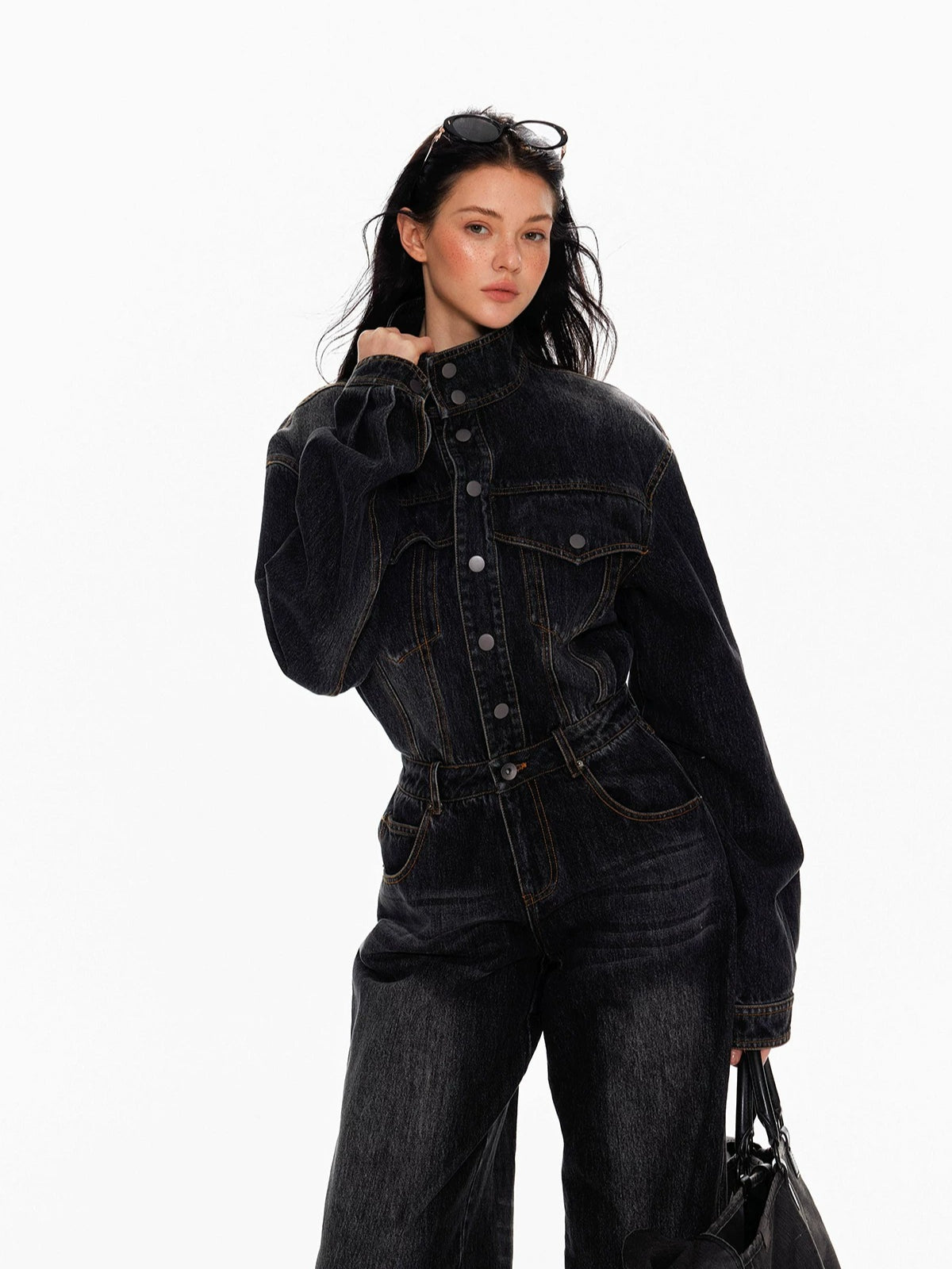 Vintage Washed Denim Wide Leg Jumpsuit